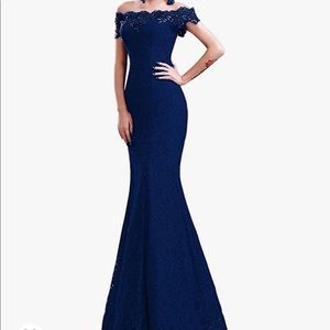 Navy blue elegant off the shoulder lace dress
